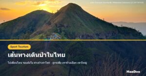นักเดินป่าบนสันเขาช้างเผือก อุทยานแห่งชาติทองผาภูมิ จังหวัดกาญจนบุรี ยามพลบค่ำ