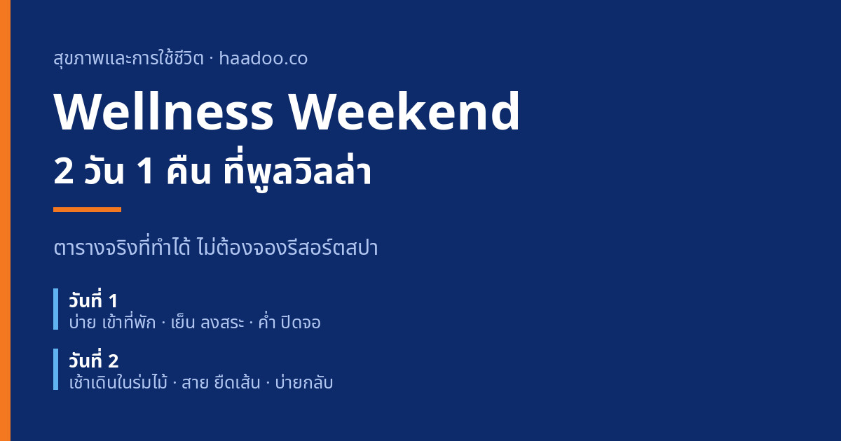 ตาราง Wellness Weekend 2 วัน 1 คืน ที่พูลวิลล่า วันแรกเข้าที่พักและลงสระ วันที่สองเดินในร่มไม้และยืดเส้น