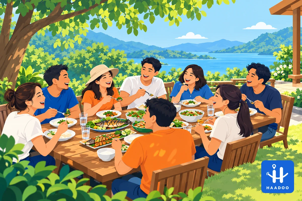 ภาพประกอบแนวคิดทีมพักกินข้าวกลางวันระหว่างทริป outing