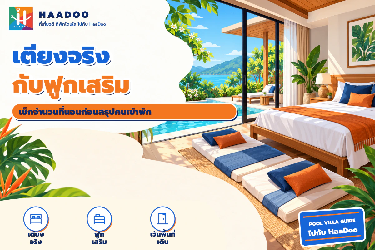 ภาพวาดห้องนอนที่มีเตียงและฟูกเสริม พร้อมพื้นที่เดินภายในห้อง